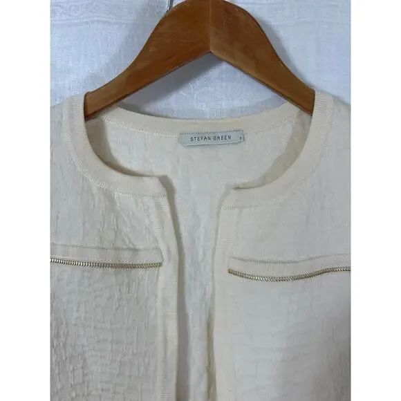 Stefan Green 2 Cardigan Sweater Merino Wool Blend Cream Gold Zip Trim Boxy - Picture 6 of 11
